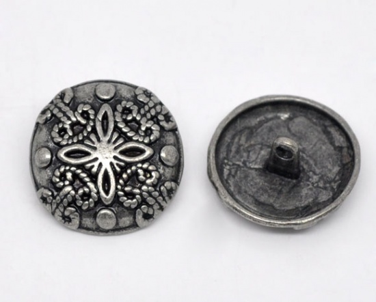 Picture of Zinc Based Alloy Metal Sewing Shank Buttons Round Antique Silver Flower Carved 23mm( 7/8") Dia, 100 PCs