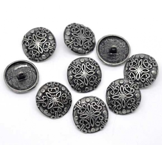 Picture of Zinc Based Alloy Metal Sewing Shank Buttons Round Antique Silver Flower Carved 23mm( 7/8") Dia, 100 PCs