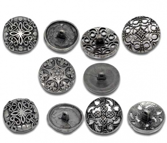 Picture of Zinc Based Alloy Metal Sewing Shank Buttons Round Antique Silver Mixed Flower Carved 23mm(7/8") Dia - 28mm(1 1/8") Dia, 50 PCs