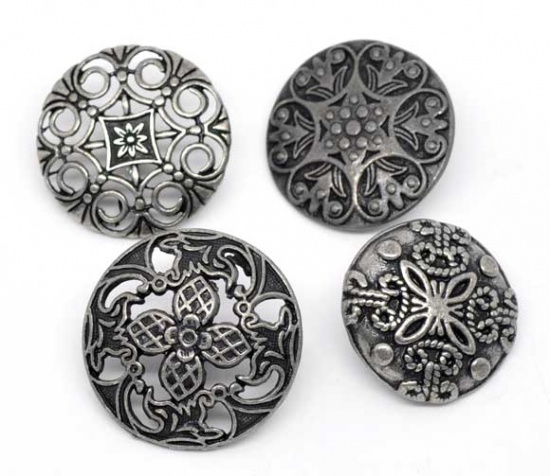 Picture of Zinc Based Alloy Metal Sewing Shank Buttons Round Antique Silver Mixed Flower Carved 23mm(7/8") Dia - 28mm(1 1/8") Dia, 50 PCs