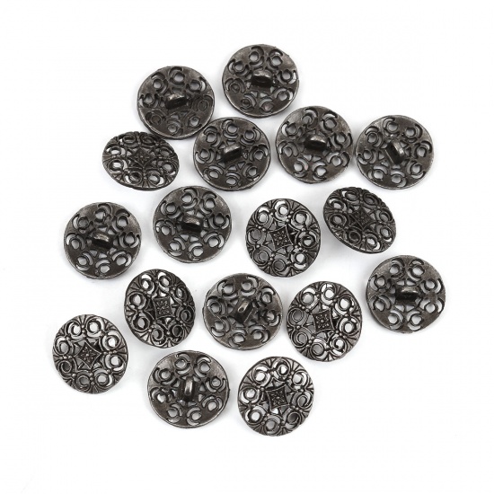 Picture of Zinc Based Alloy Metal Sewing Shank Buttons Round Antique Silver Flower Hollow Carved 18mm( 6/8") Dia, 50 PCs