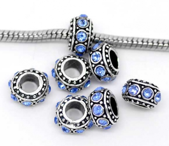 Picture of Zinc Metal Alloy European Style Large Hole Charm Beads Round Antique Silver Dot Pattern Light Blue Rhinestone About 11mm Dia, Hole: Approx 4.7mm, 10 PCs