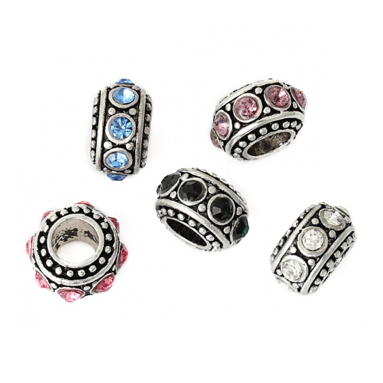 Picture of Zinc Metal Alloy European Style Large Hole Charm Beads Round Antique Silver Dot Pattern Mixed Rhinestone About 11mm Dia, Hole: Approx 4.7mm, 10 PCs
