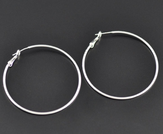 Picture of Brass Hoop Earrings Findings Silver Plated 5.5cm(2 1/8") x 5cm(2"), Post/ Wire Size: (20 gauge), 10 PCs                                                                                                                                                       