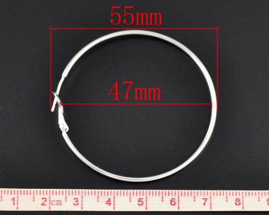 Picture of Brass Hoop Earrings Findings Silver Plated 5.5cm(2 1/8") x 5cm(2"), Post/ Wire Size: (20 gauge), 10 PCs                                                                                                                                                       