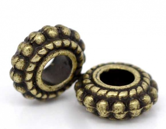 Bild von Zinklegierung Spacer Perlen Zwischenperlen Zahnrad Bronzefarbe Punkt Geschnitzt ca. 8mm D., Loch:ca. 3mm, 100 Stück