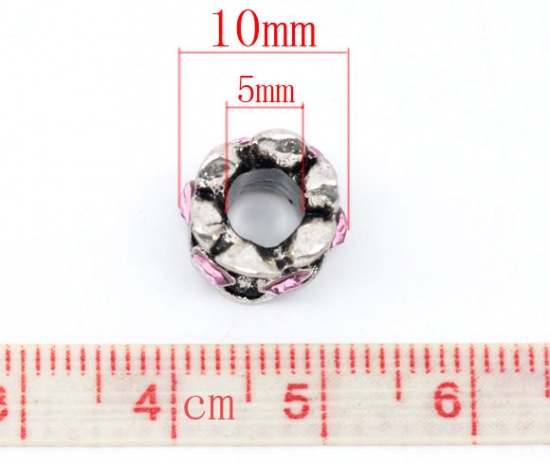 Picture of Zinc Metal Alloy European Style Large Hole Charm Beads Drum Antique Silver Color Light Pink Rhinestone About 10mm x 10mm, Hole: Approx 5mm, 10 PCs
