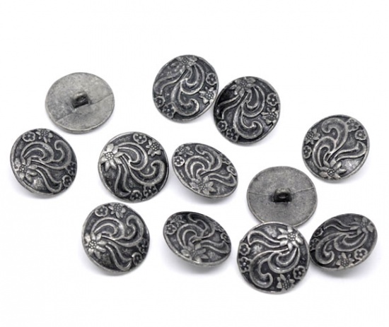 Picture of Zinc Based Alloy Metal Sewing Shank Buttons Round Antique Silver Flower Carved 20mm( 6/8") Dia, 30 PCs