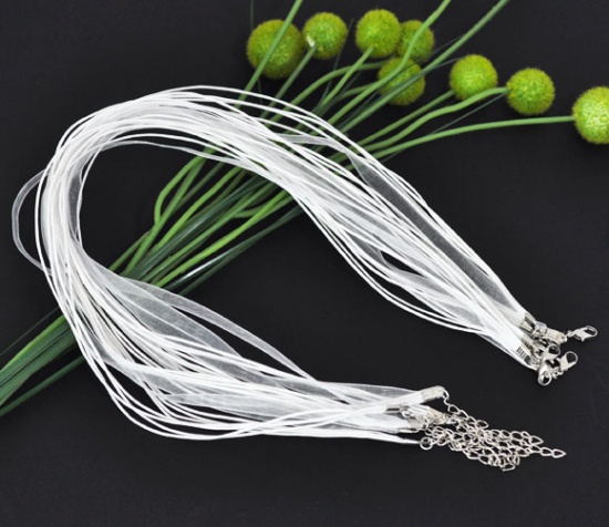 Picture of Organza Ribbon & Wax Cord Necklace White 43cm(16 7/8") long, 20 PCs