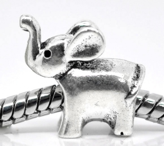 Bild von Zinklegierung 3D Charm-Perlen mit großem Loch im europäischen Stil Antiksilber Elefant 14mm x 13mm, Loch: Ca. 4.7mm, 20 Stück