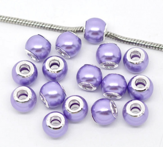 Picture of 925 Stamped Sterling Silver Imitation Core Violet Acrylic Spacer Beads Fit European Charm 12x10mm, sold per packet of 30(Core:Copper Plated with Thin Silver)