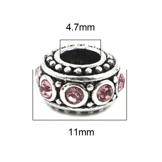 Immagine di Lega di Zinco Stile Europeo Perline Tondo Argento Antico Rosa Chiaro Strass Circa 11mm Dia, Foro: Circa 4.7mm, 10 Pz