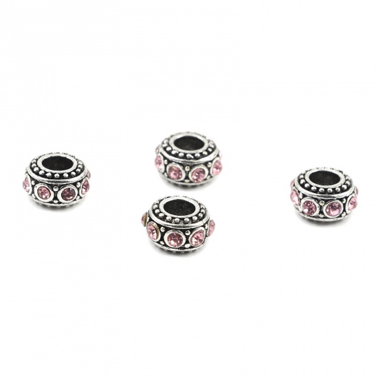 Immagine di Lega di Zinco Stile Europeo Perline Tondo Argento Antico Rosa Chiaro Strass Circa 11mm Dia, Foro: Circa 4.7mm, 10 Pz