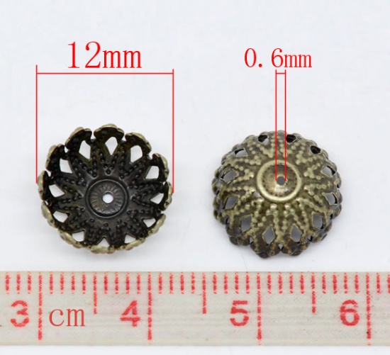 Immagine di Ottone Filamenti Coppette Copriperla Fiore Tono del Bronzo Addetti 12mm Perline Modello Disegno 12mm x 6mm, 100 Pz                                                                                                                                            