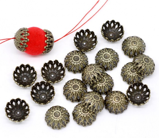 Picture of Brass Filigree Beads Caps Flower Antique Bronze (Fits 12mm Beads) 12mm( 4/8") x 6mm( 2/8"), 100 PCs