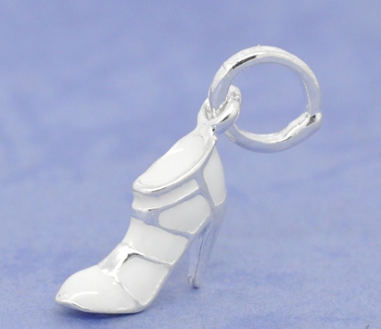 Image de Pendentifs Perle Dangle à Gros Trou au Style Européen en Alliage de Zinc Chaussures à Talons Hauts Argenté Email Blanc 27mm x 13mm, 10 Pcs