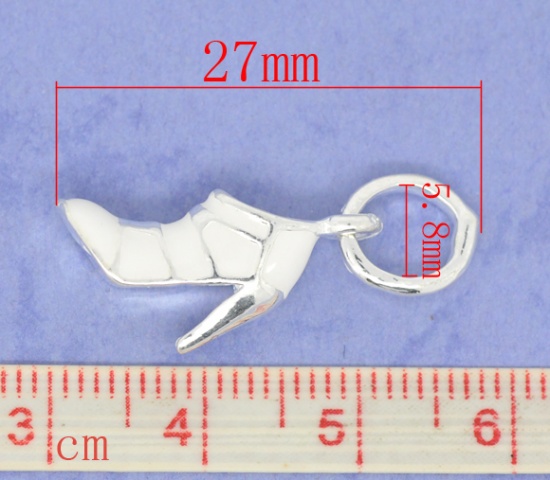 Picture of European Style Large Hole Charm Dangle Beads High-heel Shoe Silver Plated White Enamel 27mm x 13mm, 10 PCs