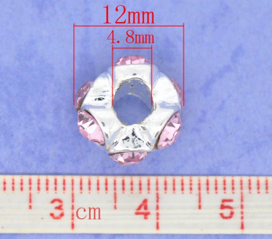 Picture of Zinc Metal Alloy European Style Large Hole Charm Beads Round Silver Plated Light Pink Rhinestone About 12mm Dia, Hole: Approx 4.8mm, 10 PCs