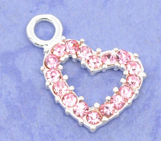 Picture of Silver Plated Rhinestone Heart Charm Pendants 19x13mm, sold per packet of 10