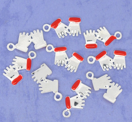 Picture of Silver Plated Enamel Glove Charms Pendants 21x11mm, sold per packet of 20