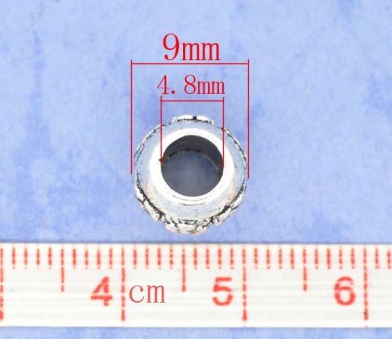 亜鉛合金 ヨーロッパ風 大穴 ビーズ 円形 銀古美 約9mm直径、 穴：約4.8mm、 30 PCs の画像
