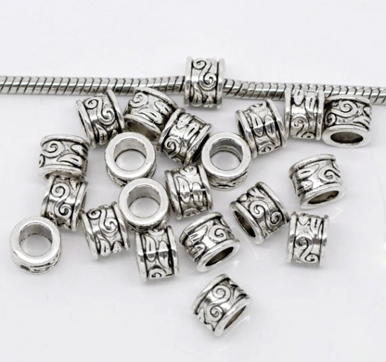 Picture of Zinc Metal Alloy European Style Large Hole Charm Beads Cylinder Antique Silver Message Pattern About 9mm Dia, Hole: Approx 5.4mm, 50 PCs