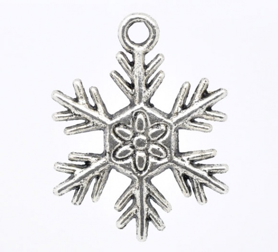 Picture of Antique Silver Christmas Snowflake Charms Pendants 25x19mm, sold per packet of 30