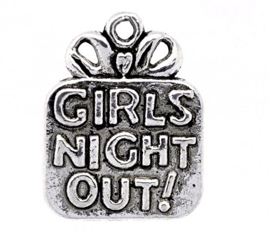 Picture of Zinc Based Alloy Christmas Gift Box Antique Silver Color Message "Girls Night Out !" Carved 22mm( 7/8") x 17mm( 5/8"), 20 PCs
