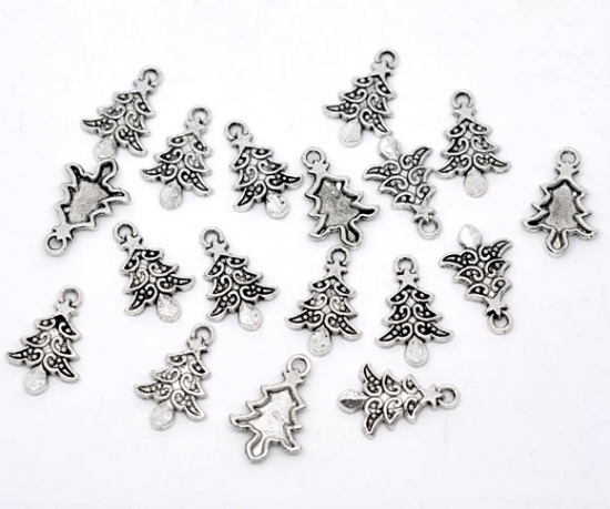 Picture of Antique Silver Color Christmas Tree Charms Pendants 21x14mm, sold per packet of 50