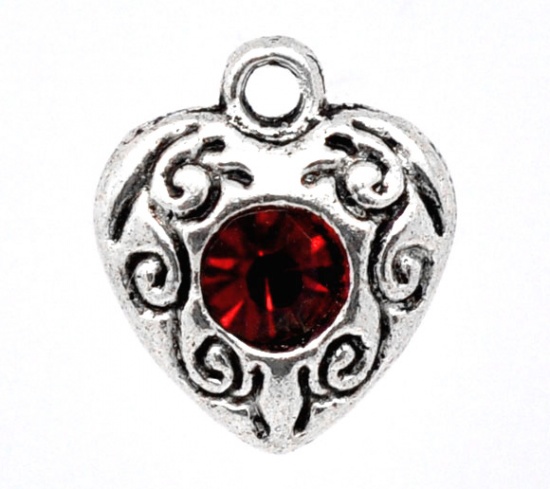 Picture of Antique Silver Color Rhinestone Love Heart Charm Pendants 12x10mm, sold per packet of 20
