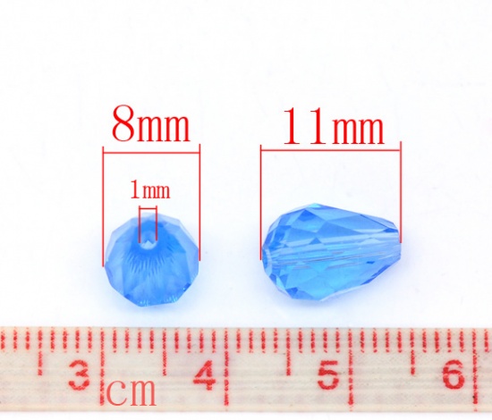 クリスタルガラスビーズ 滴 青 透明 ファセット・カット 約 11mm x 8mm、 穴：約 1mm、 50 個 の画像
