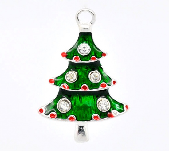 Picture of Charm Pendants Christmas Tree Silver Plated White Rhinestone Green Enamel 26mm(1") x 17mm( 5/8"), 50 PCs