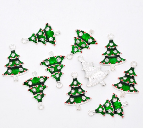 Picture of Charm Pendants Christmas Tree Silver Plated White Rhinestone Green Enamel 26mm(1") x 17mm( 5/8"), 50 PCs