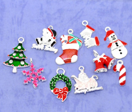 Picture of Mixed Silver Plated Enamel Christmas Charms Pendants 19x8mm-27x16mm, sold per packet of 20