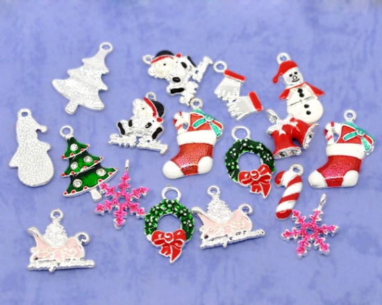 Picture of Mixed Silver Plated Enamel Christmas Charms Pendants 19x8mm-27x16mm, sold per packet of 20