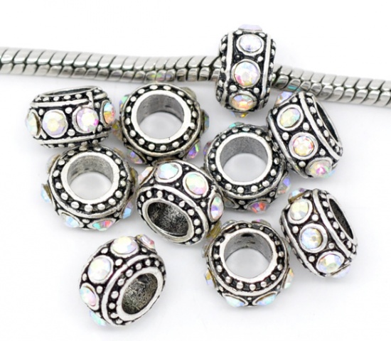 Immagine di Lega + Strass Stile Europeo Perline Tondo Chiaro AB Colore Argento Antico Cristallo AB Strass Circa 11mm Dia, Foro: Circa 4.7mm, 10 Pz