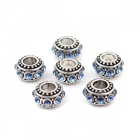 Lega + Strass Stile Europeo Perline Tondo Argento Antico Acqua Blu Strass Circa 11mm Dia, Foro: Circa 4.7mm, 10 Pz