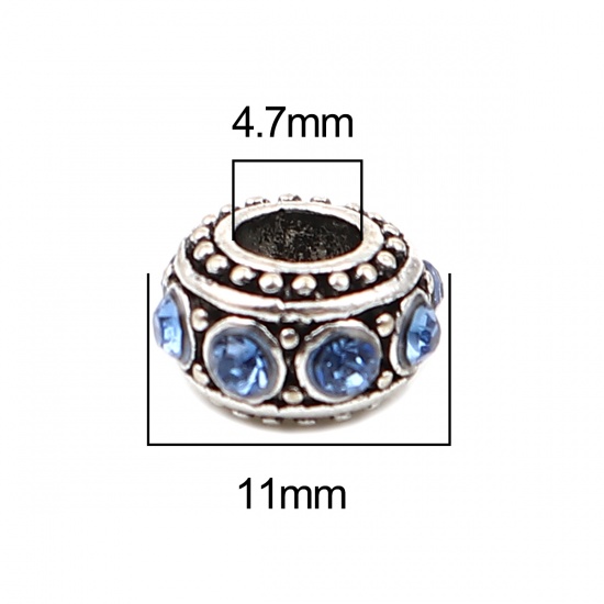 Immagine di Lega + Strass Stile Europeo Perline Tondo Argento Antico Acqua Blu Strass Circa 11mm Dia, Foro: Circa 4.7mm, 10 Pz