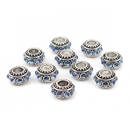 Immagine di Lega + Strass Stile Europeo Perline Tondo Argento Antico Acqua Blu Strass Circa 11mm Dia, Foro: Circa 4.7mm, 10 Pz