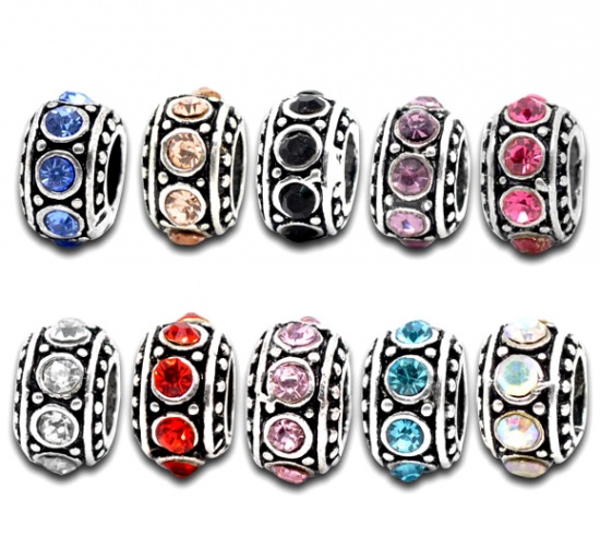 Picture of Zinc Based Alloy European Style Large Hole Charm Beads Antique Silver Color Round Mixed Color Rhinestone 11mm Dia., Hole: Approx 4.7mm, 50 PCs