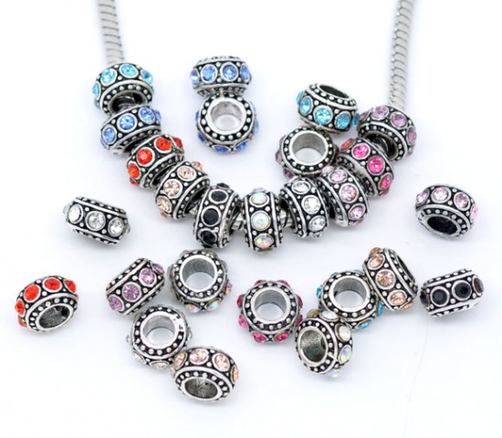Picture of Zinc Based Alloy European Style Large Hole Charm Beads Antique Silver Color Round Mixed Color Rhinestone 11mm Dia., Hole: Approx 4.7mm, 50 PCs