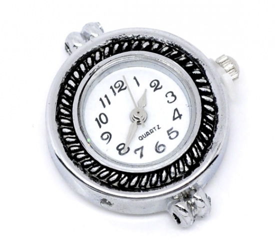 Picture of Alloy Watch Face Round Antique Silver Pattern Battery Included 28mm x 25mm(1 1/8"x1"), 2 PCs