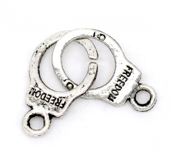 Picture of Antique Silver Color "Freedom" Handcuffs Charm Pendants 30x10mm, sold per packet of 50