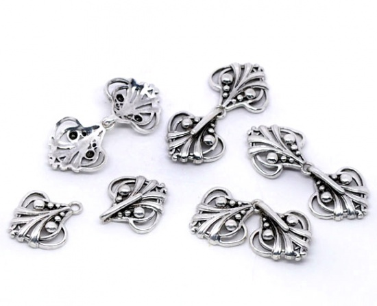 Picture of 5 PCs Brass Hook Clasps Heart Filigree Antique Silver Color