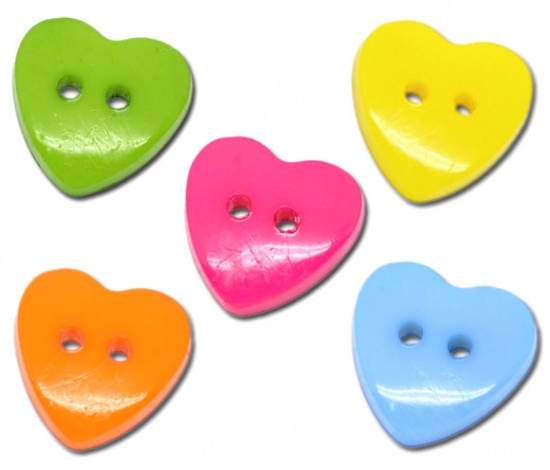 Picture of Acrylic Sewing Buttons Scrapbooking 2 Holes Heart Mixed 15x14mm( 5/8" x 4/8"), 100 PCs