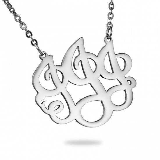 Picture of Stainless Steel Monogram Necklace Silver Tone Alphabet /Letter Message " J " 46cm(18 1/8") - 45cm(17 6/8") long, 1 Piece