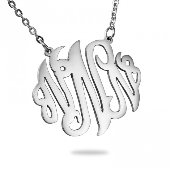 Picture of Stainless Steel Monogram Necklace Silver Tone Alphabet /Letter Message " N " 46cm(18 1/8") - 45cm(17 6/8") long, 1 Piece