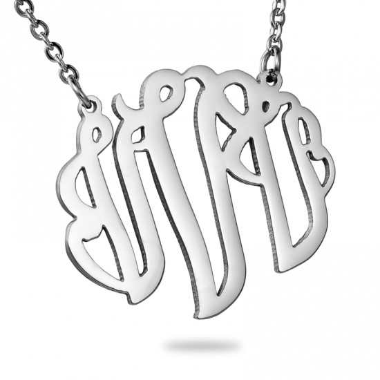 Picture of Stainless Steel Monogram Necklace Silver Tone Alphabet /Letter Message " V " 46cm(18 1/8") - 45cm(17 6/8") long, 1 Piece