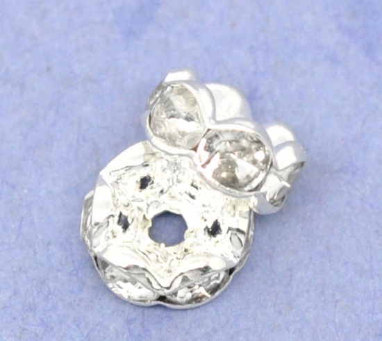Picture of Brass Rondelle Spacer Beads Round Silver Plated Clear Rhinestone About 8mm( 3/8") Dia, Hole:Approx 1.2mm, 100 PCs                                                                                                                                             