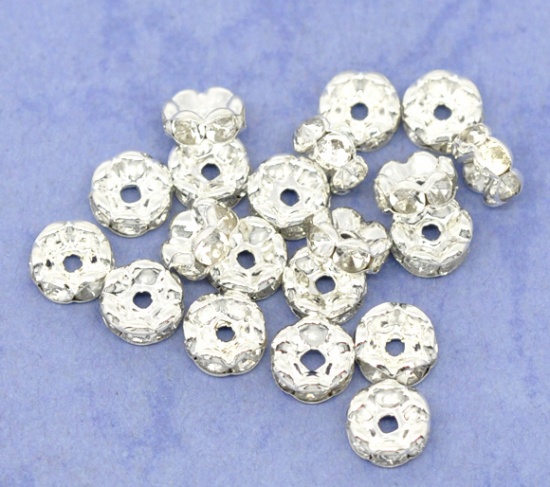 Picture of Copper Rondelle Spacer Beads Round Silver Plated Clear Rhinestone About 8mm( 3/8") Dia, Hole:Approx 1.2mm, 100 PCs